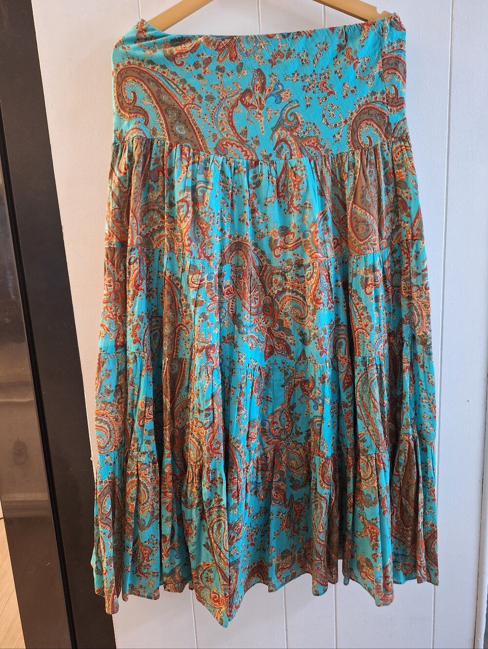 Ralph Lauren Turquoise and Brown Paisley Tiered Maxi Skirt